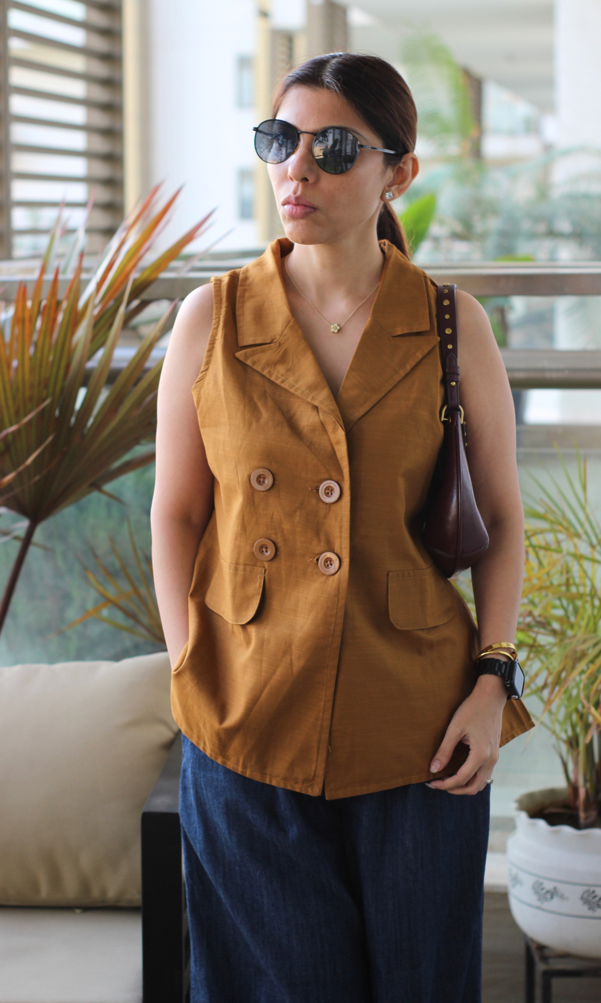 Wood Brown Double Breasted Waist Coat