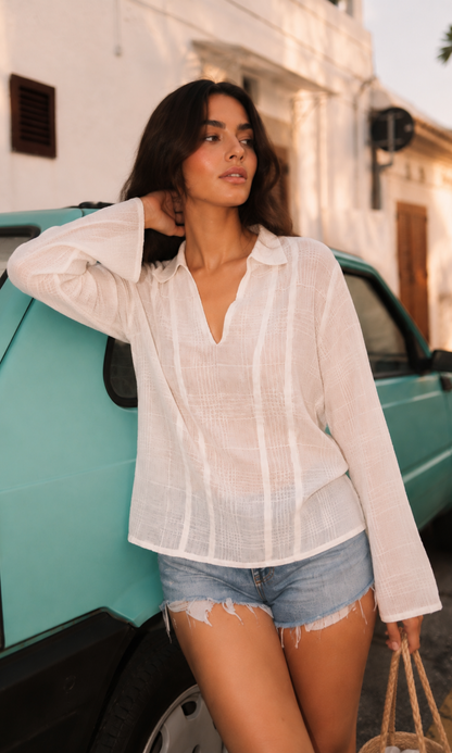 Cream Dobby V-Neck Blouse