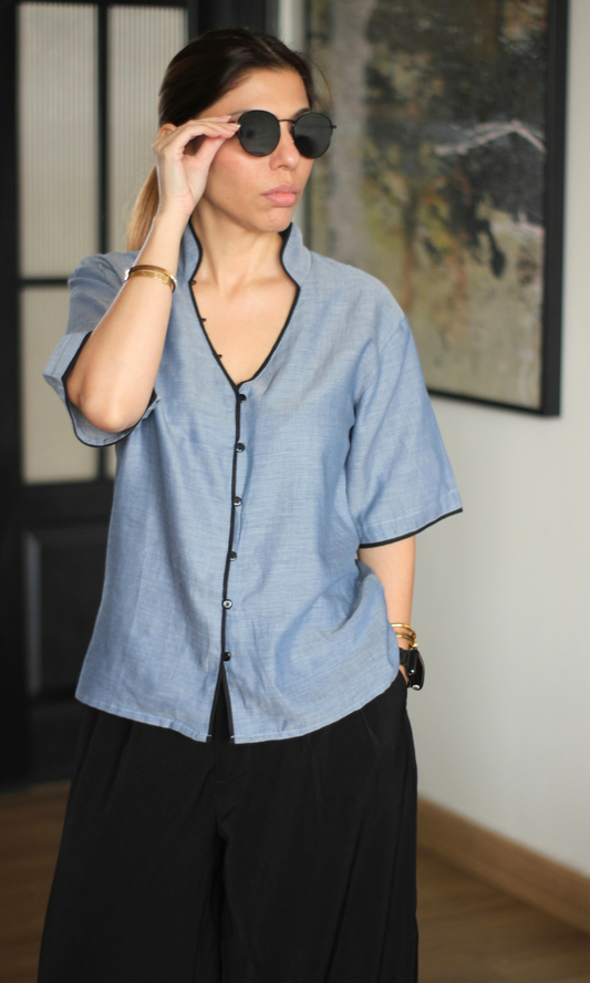 Chambray Blue Contrast Piped Shirt