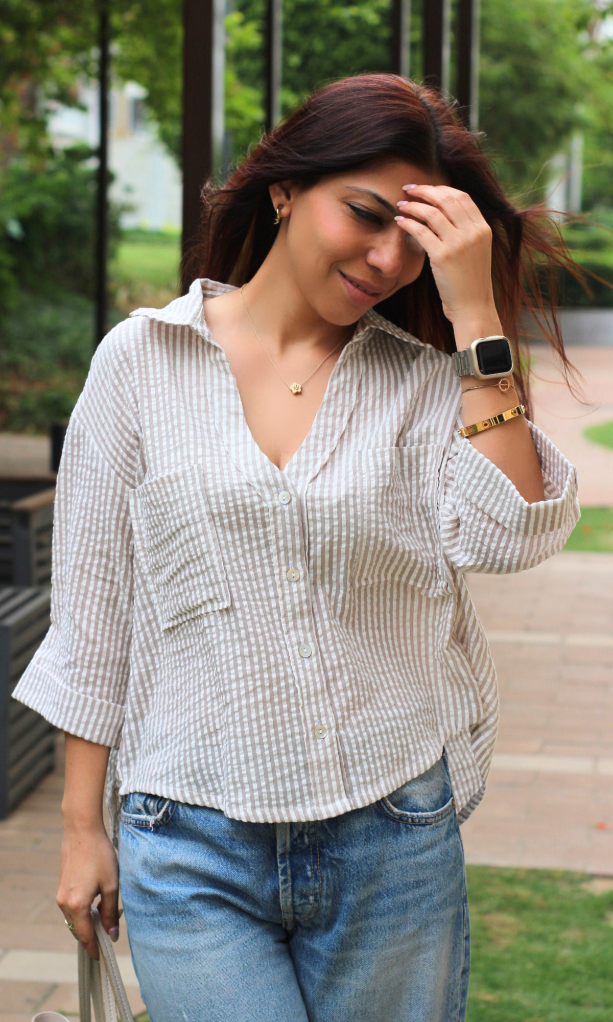 White & Beige Striped Cotton Cropped Shirt