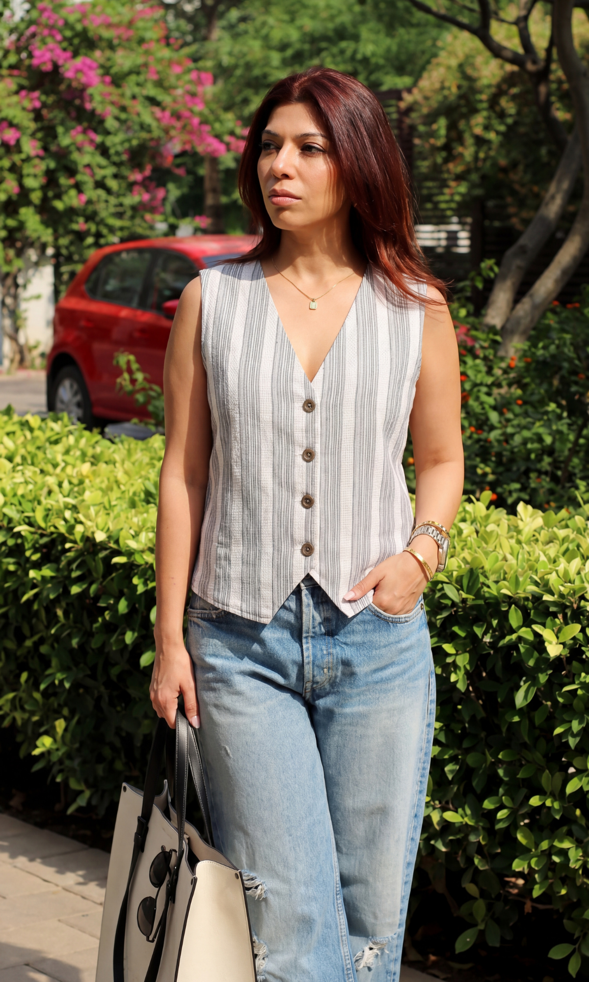 Greige Linear Cotton Waistcoat
