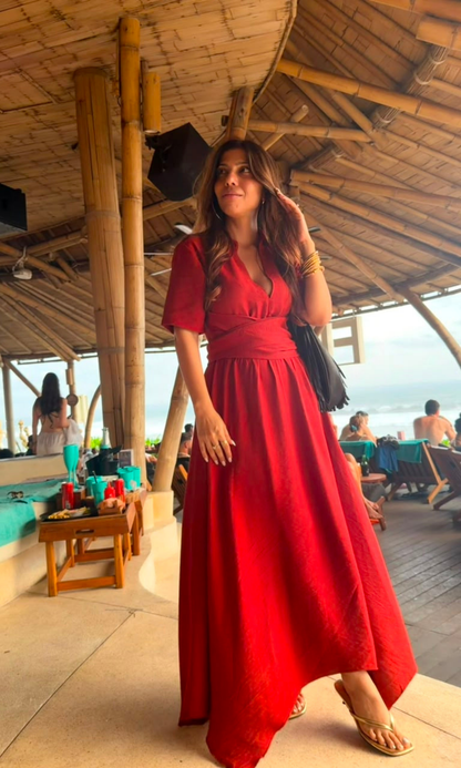 Red Half Sleeve Handkerchief Hem Dress
