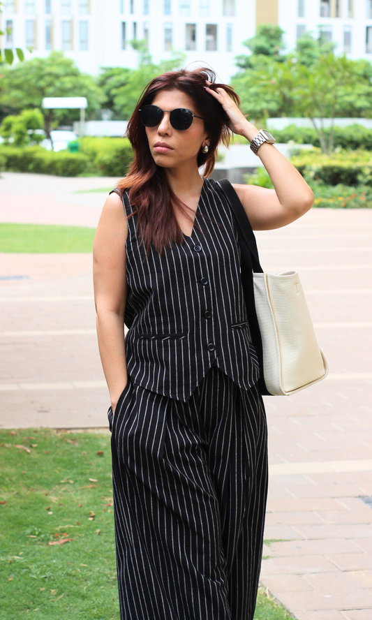 Cotton Black Pinstripe Waistcoat with Flowy Wide-leg Trousers