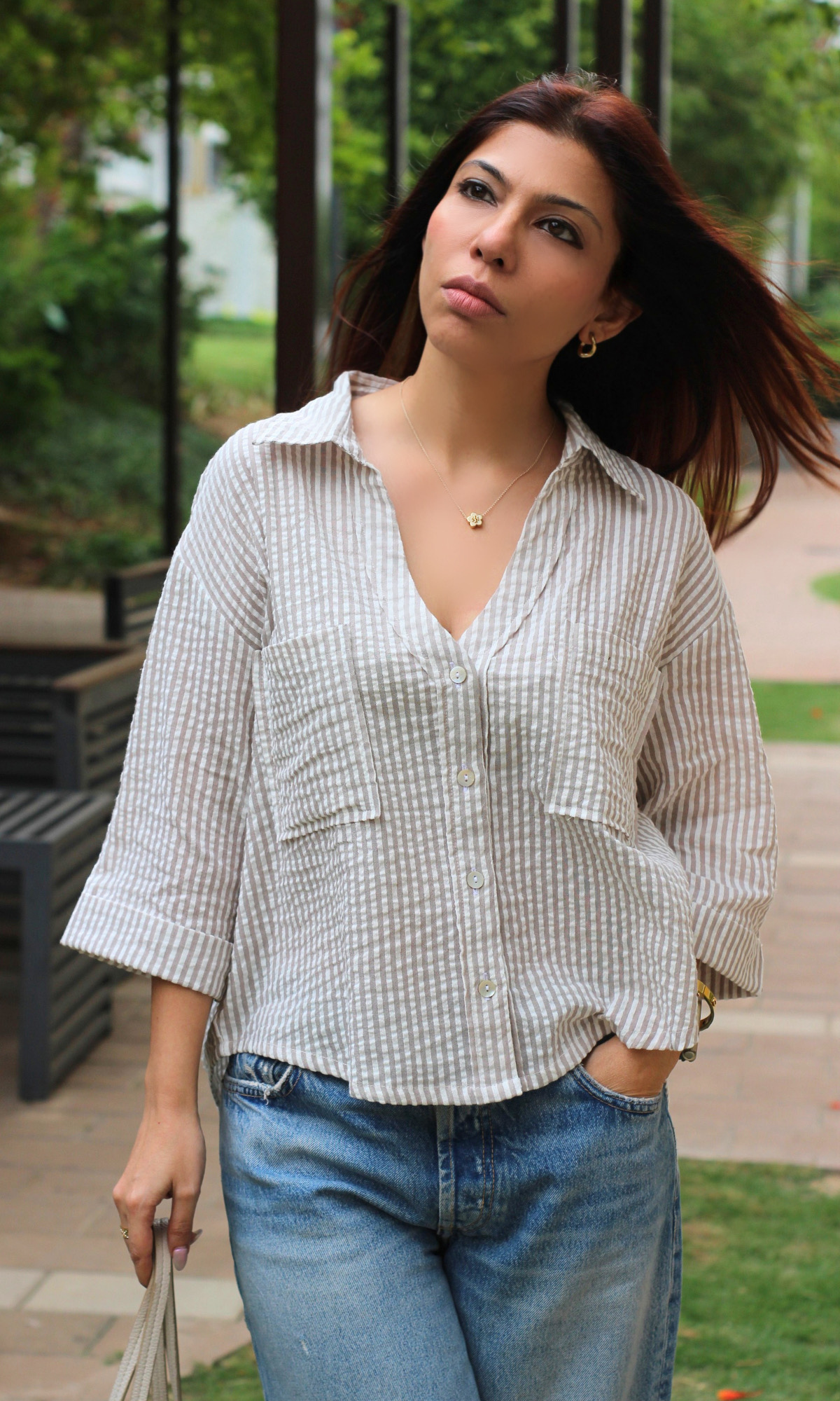 White & Beige Striped Cotton Cropped Shirt