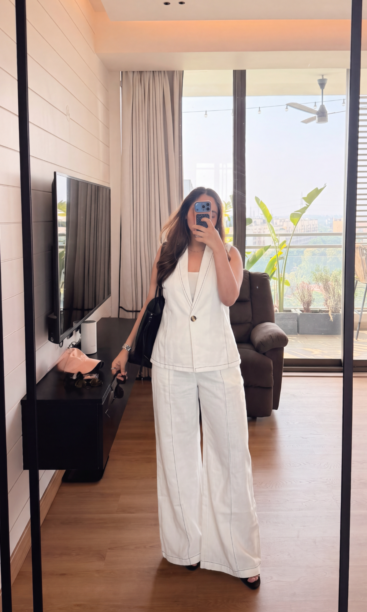White Denim Contrast-Stitch Vest Co-ord