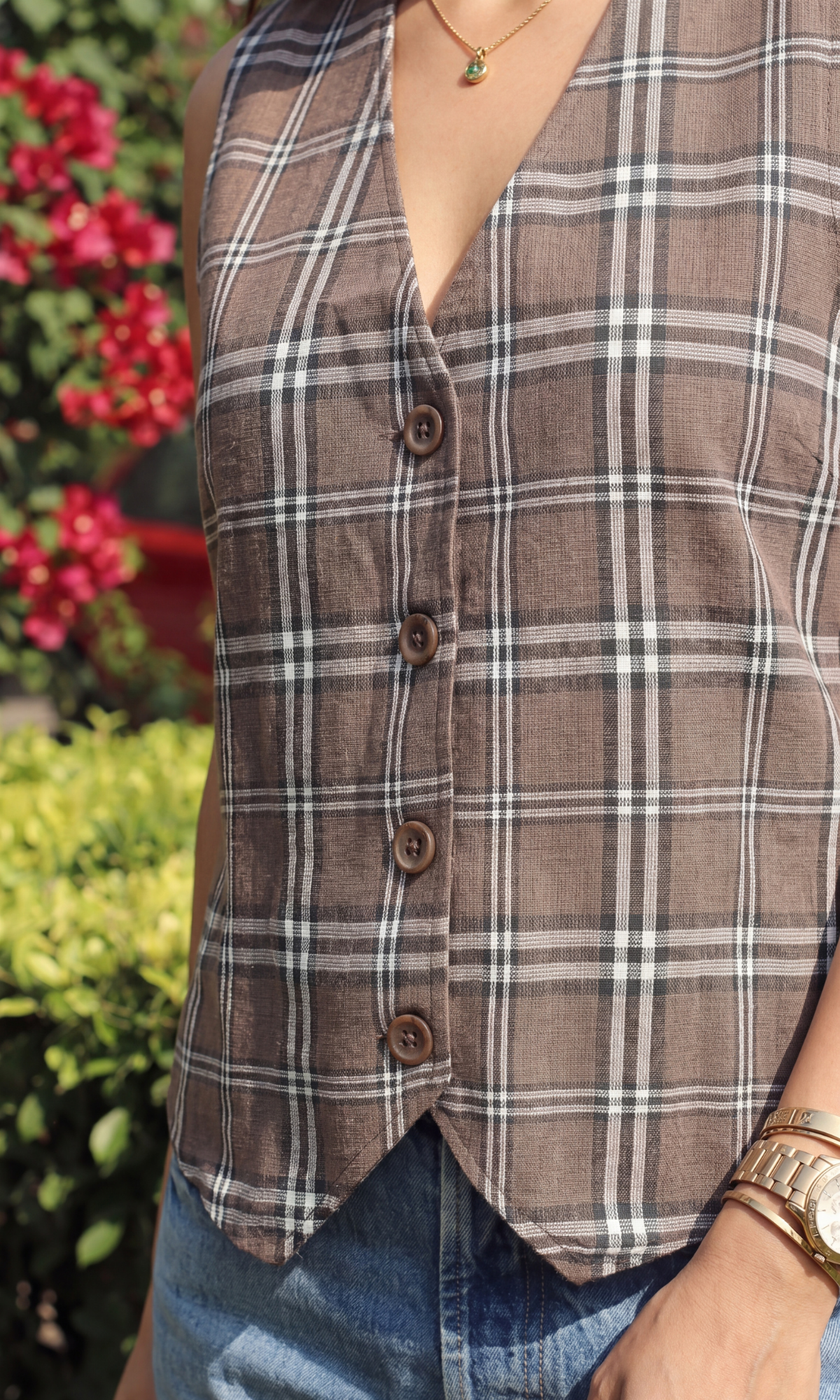 Mocha Checked Cotton Waistcoat