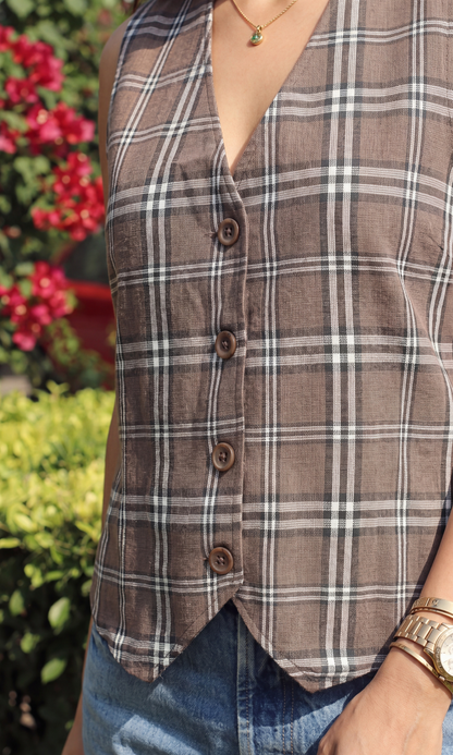Mocha Checked Cotton Waistcoat