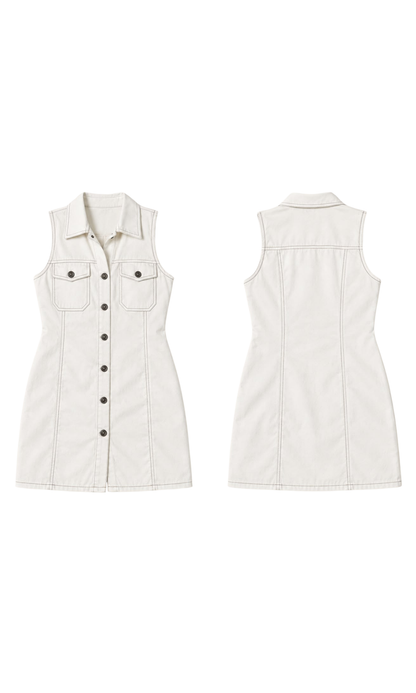 White Ruched Waist Denim Dress