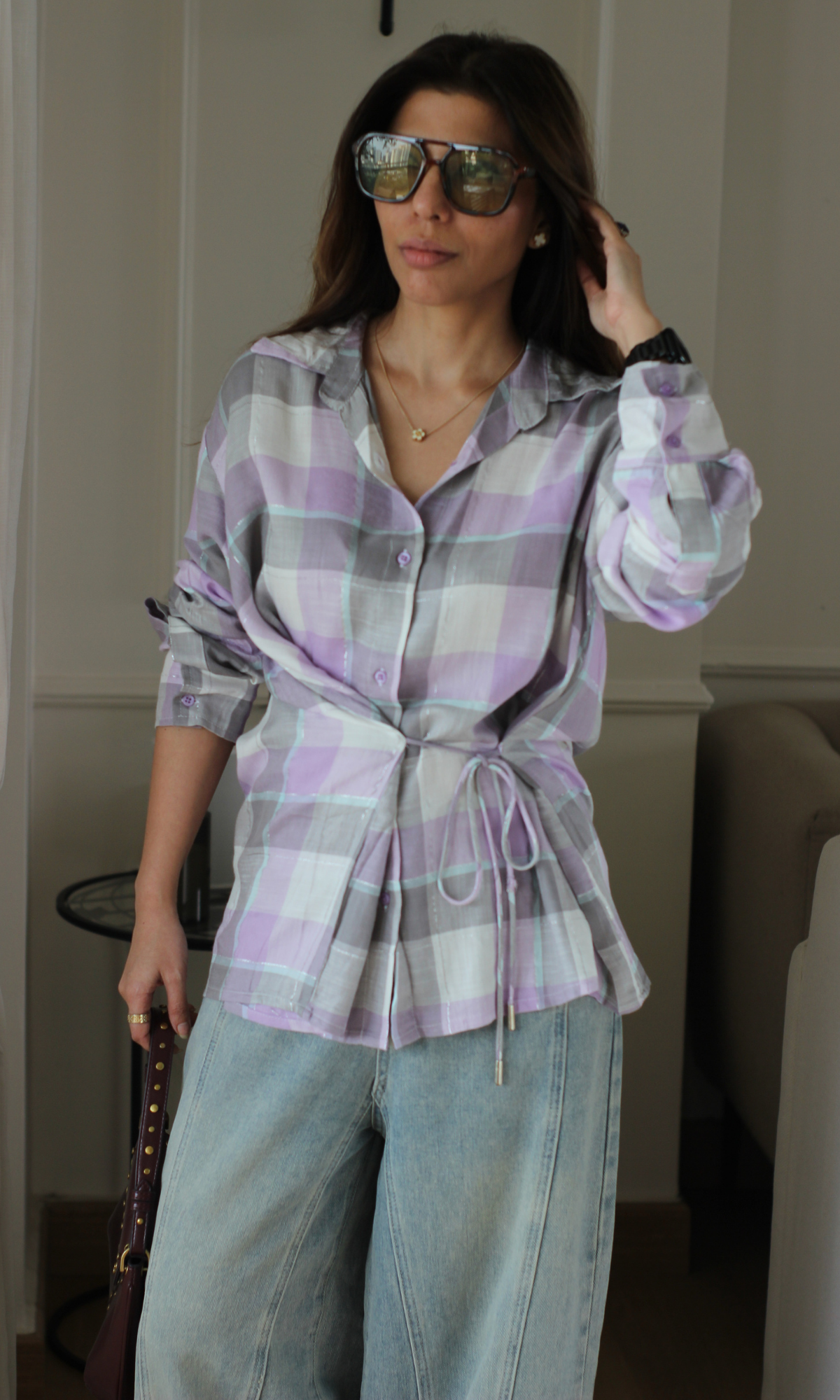 Lavender Plaid Drawstring-Waist Shirt Top