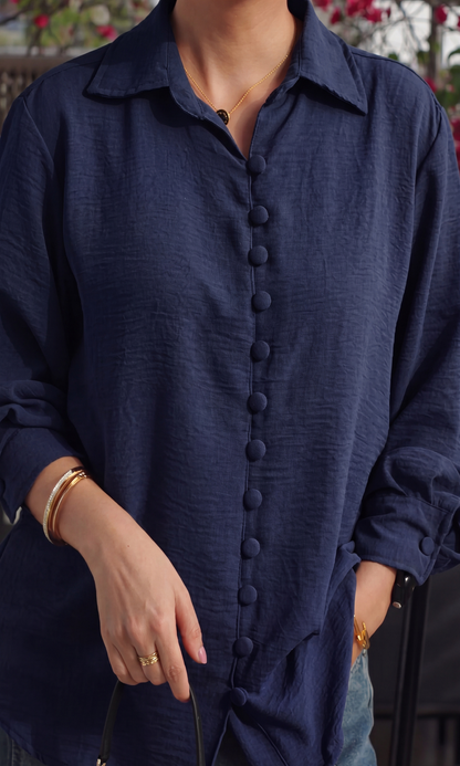 Navy Crinkle Fabric-Button Shirt