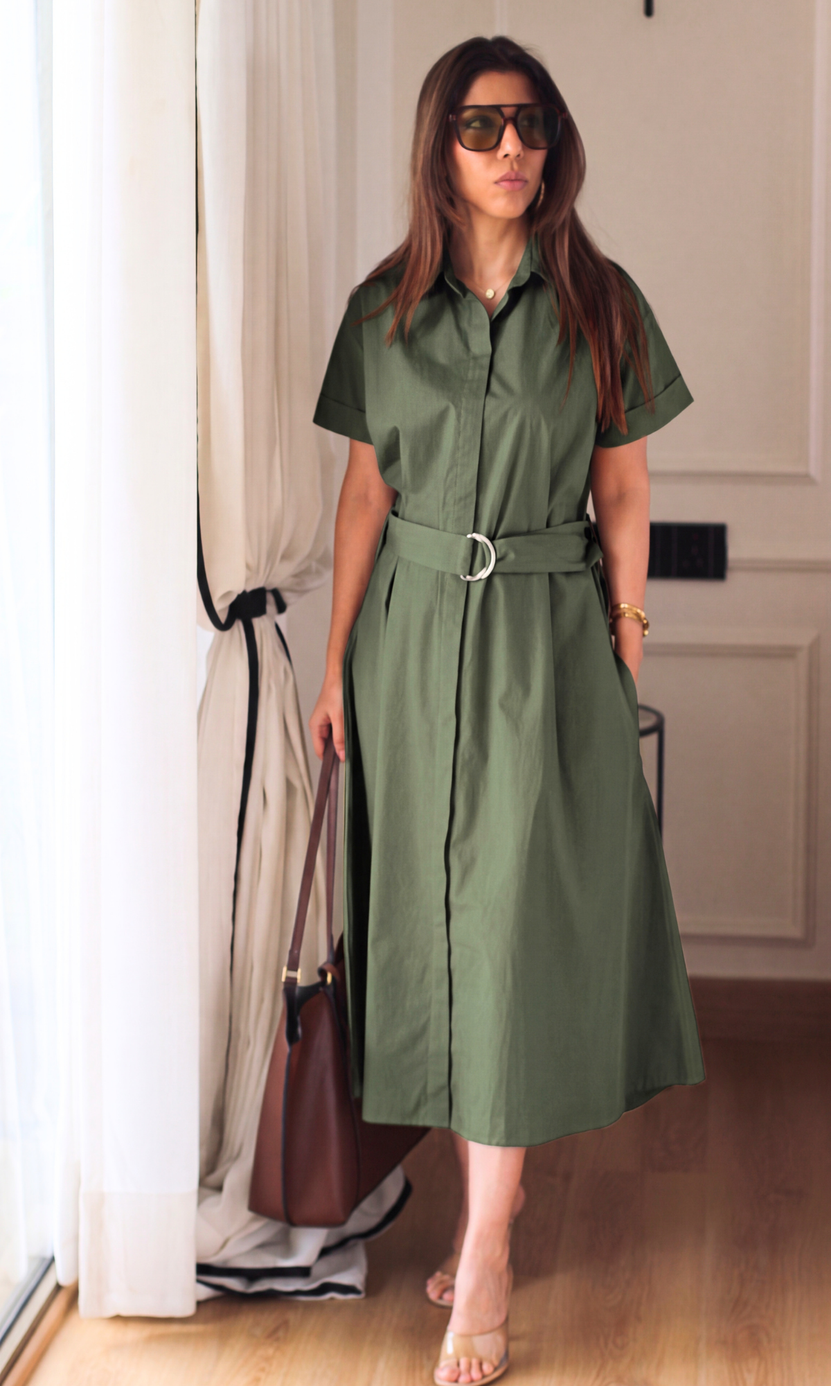 Olive Poplin Belted Shirt Dress
