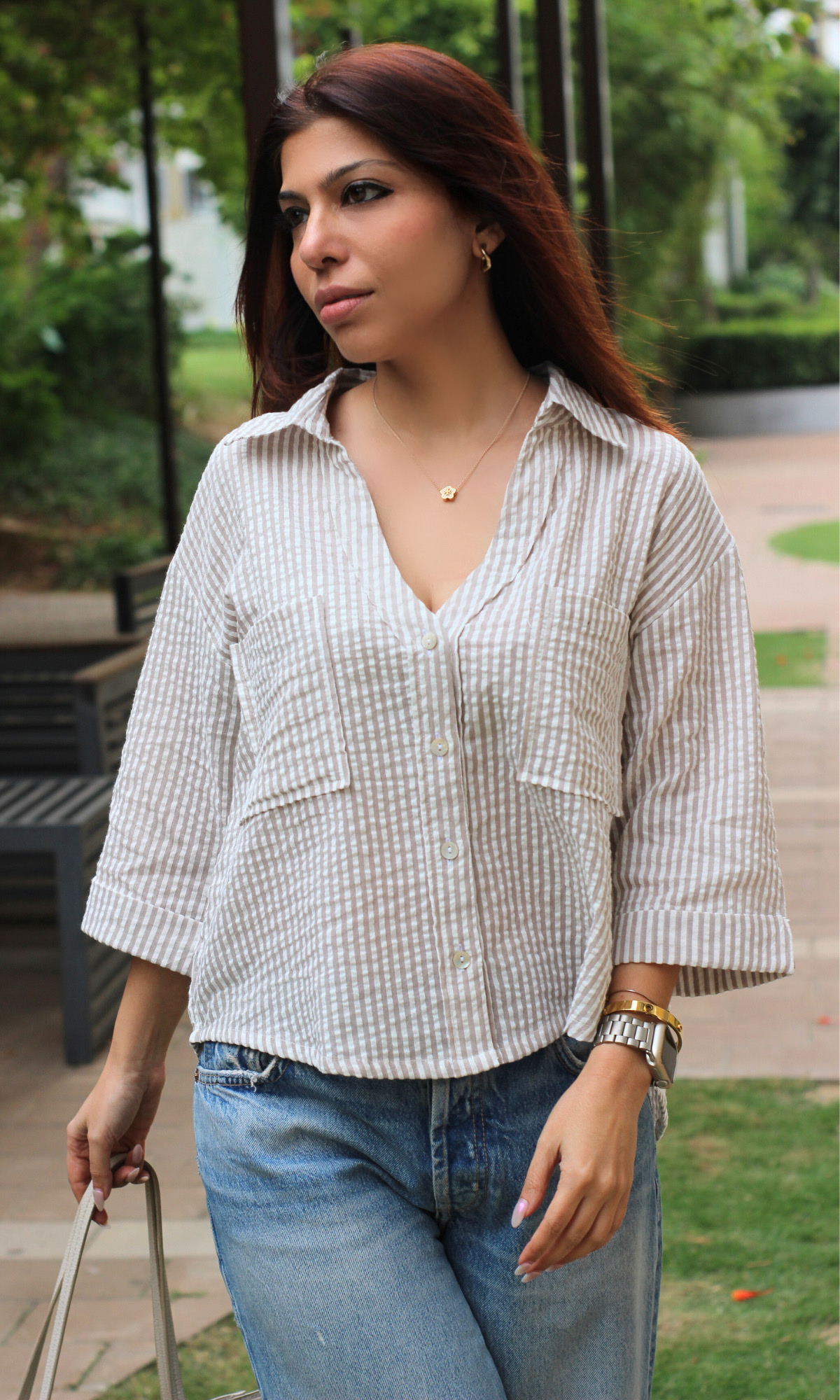 White & Beige Striped Cotton Cropped Shirt
