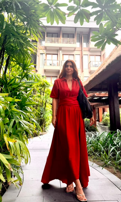 Red Half Sleeve Handkerchief Hem Dress