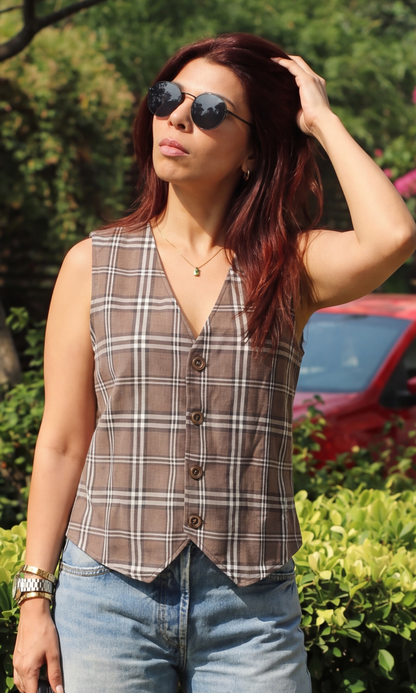 Mocha Checked Cotton Waistcoat