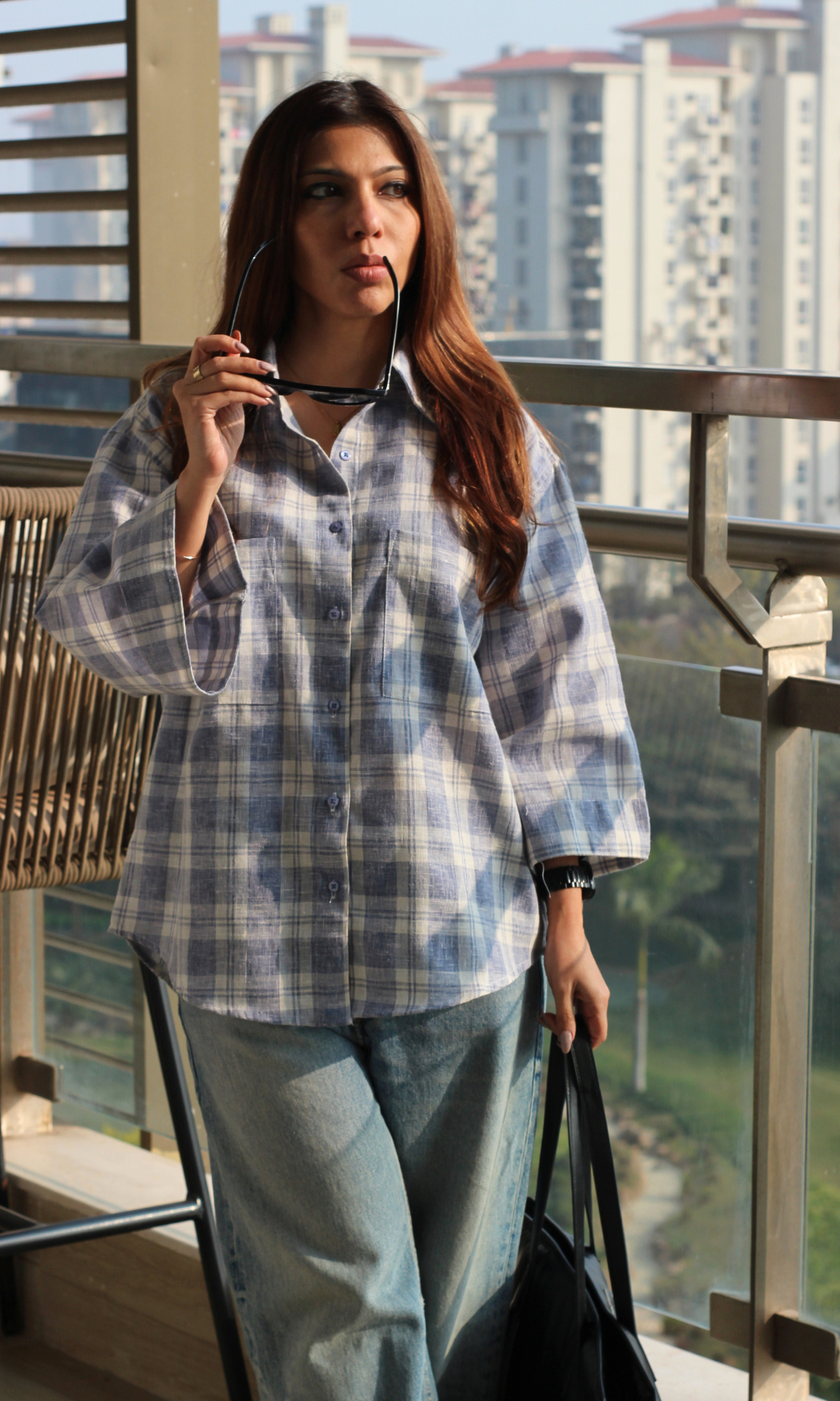 Blue Checked Flared Sleeve Shirt