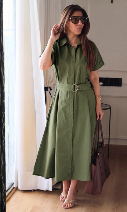 Olive Poplin Belted Shirt Dress