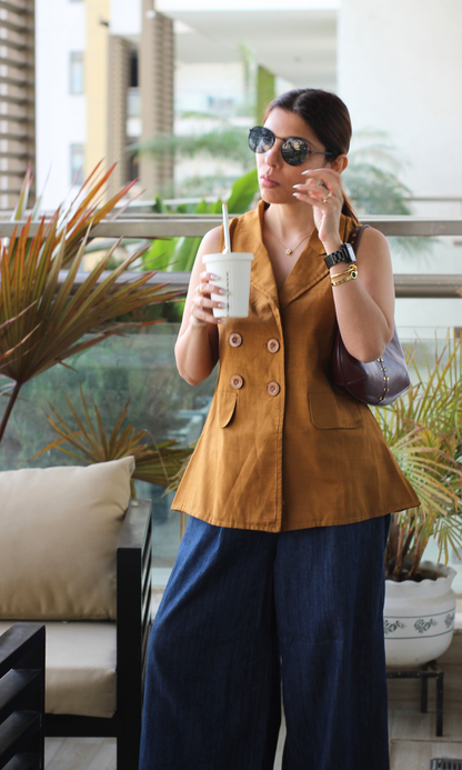 Wood Brown Double Breasted Waist Coat