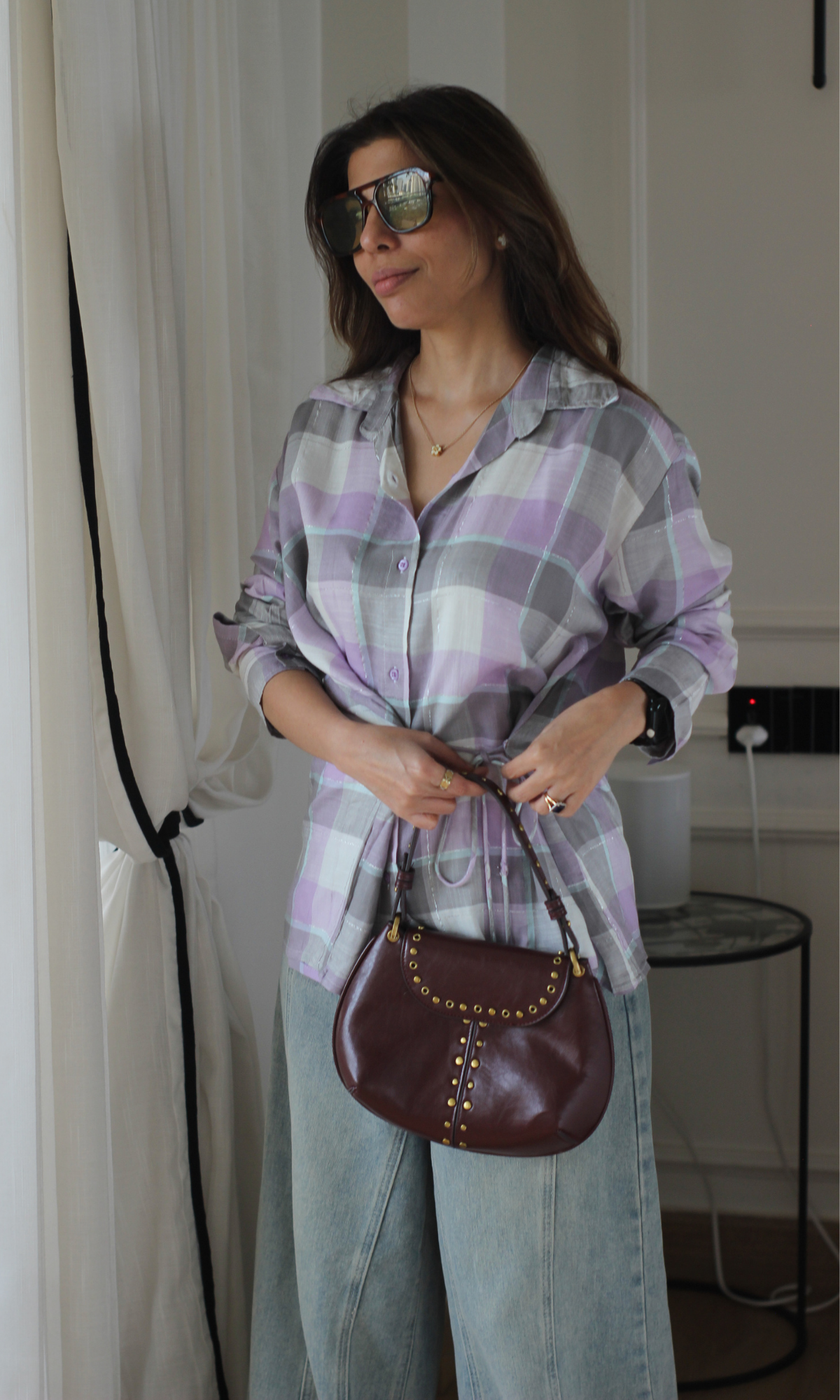 Lavender Plaid Drawstring-Waist Shirt Top