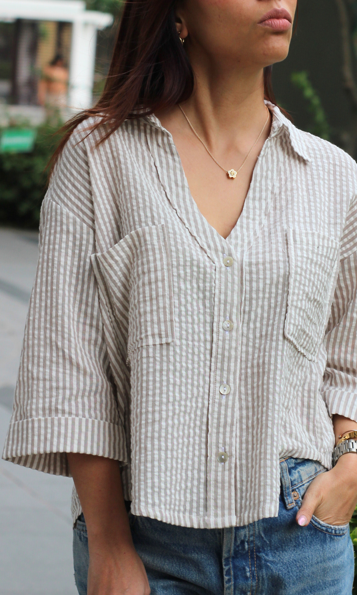 White & Beige Striped Cotton Cropped Shirt