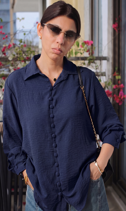 Navy Crinkle Fabric-Button Shirt