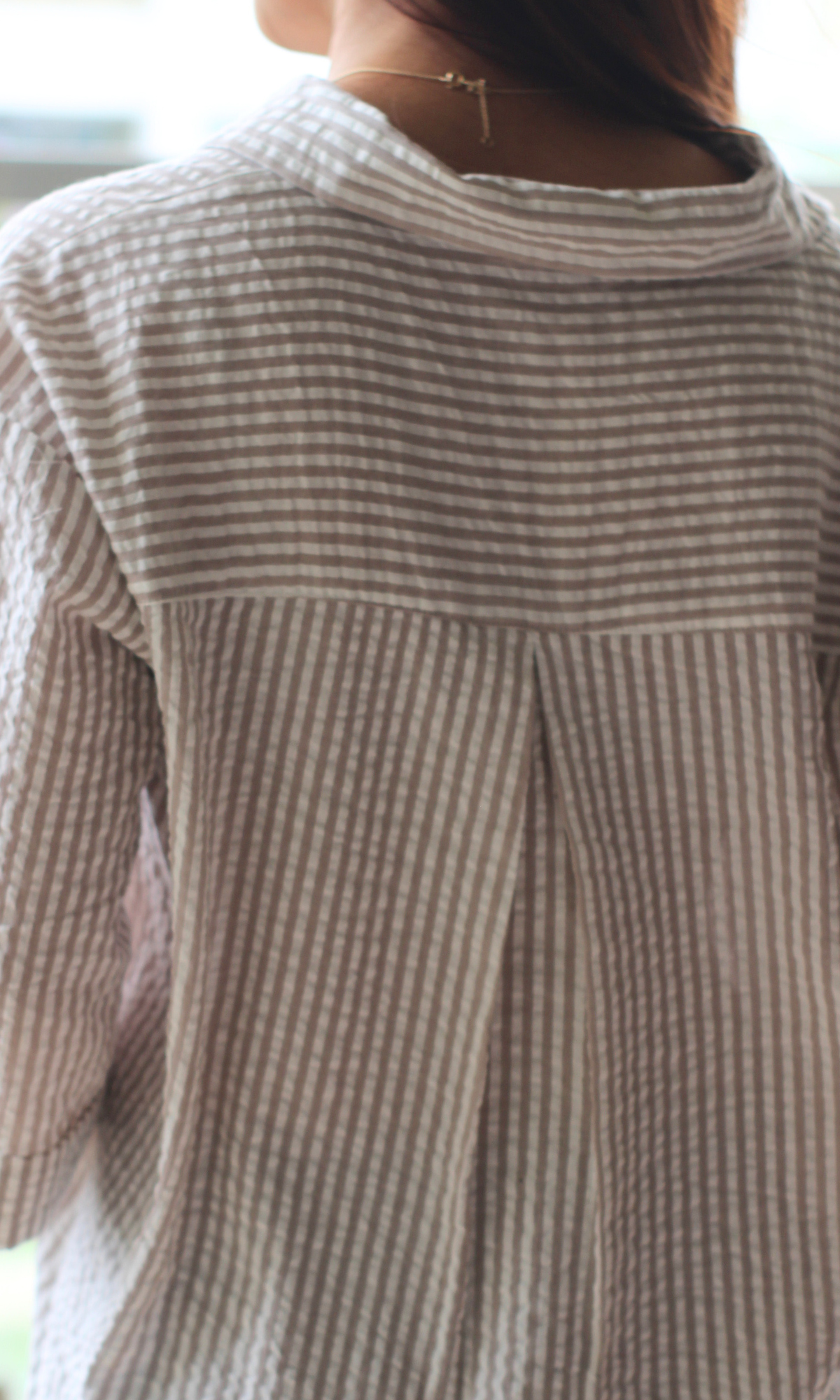 White & Beige Striped Cotton Cropped Shirt