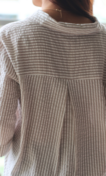 White & Beige Striped Cotton Cropped Shirt