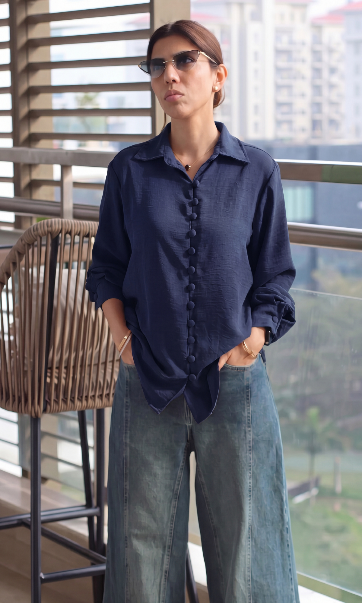 Navy Crinkle Fabric-Button Shirt