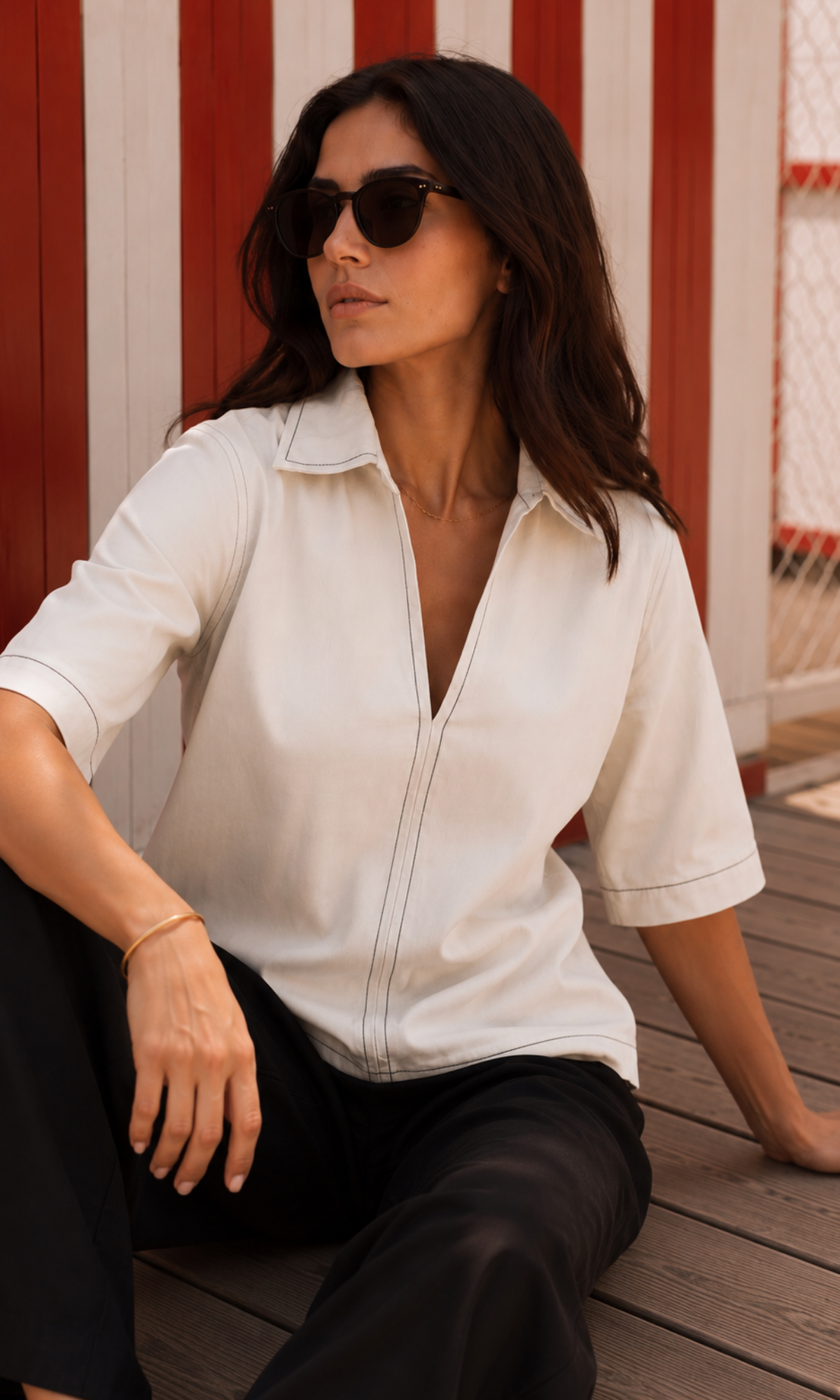 White Contrast Stitch Boxy V-Neck Top