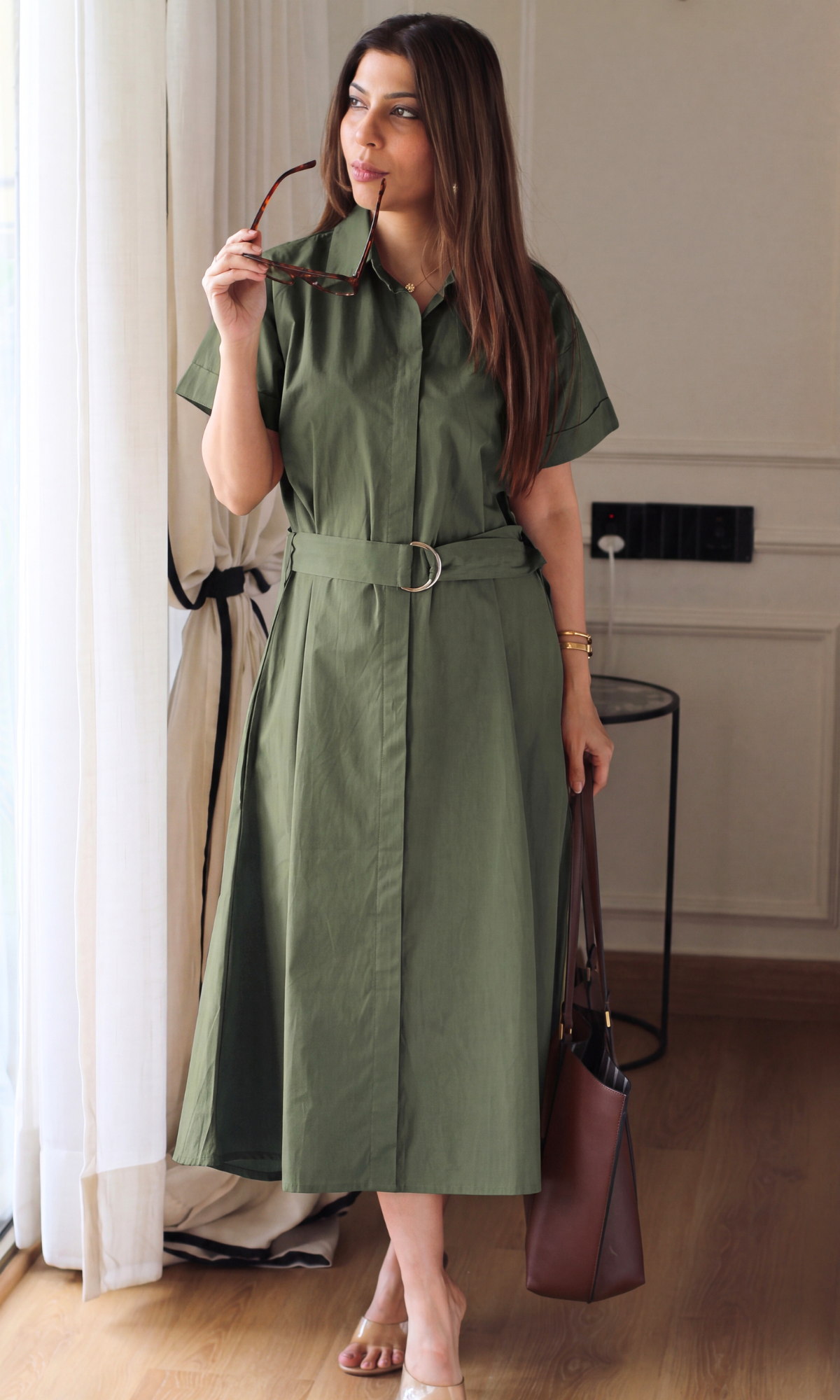 Olive Poplin Belted Shirt Dress