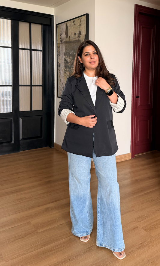 Navy Contrast Sleeve Blazer