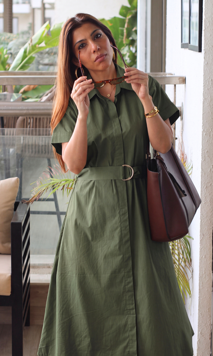 Olive Poplin Belted Shirt Dress