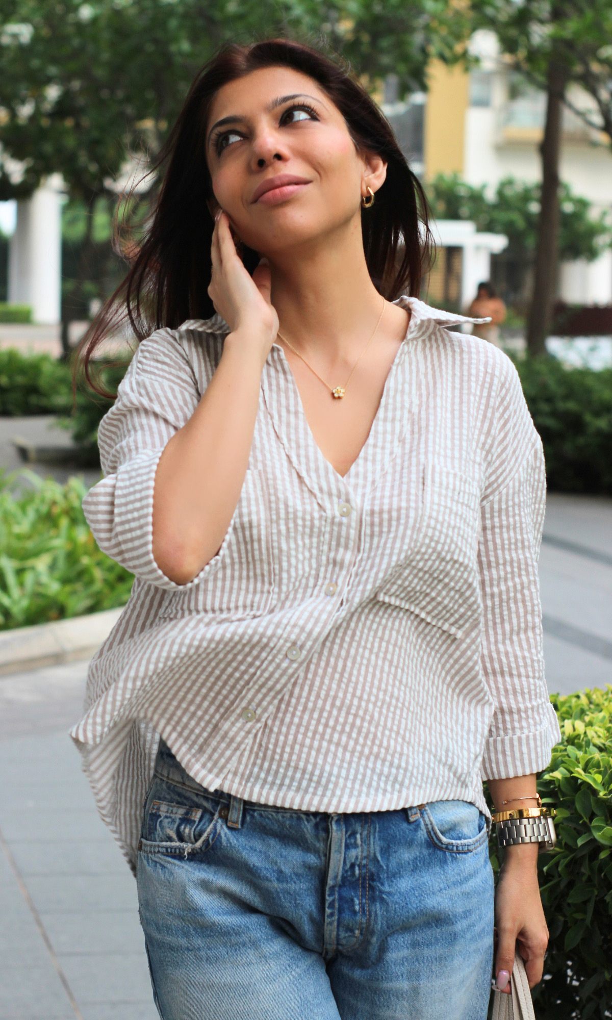 White & Beige Striped Cotton Cropped Shirt