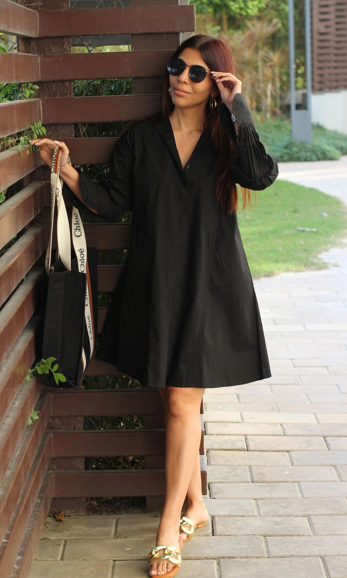 Pleated Detailed Black Poplin Dress