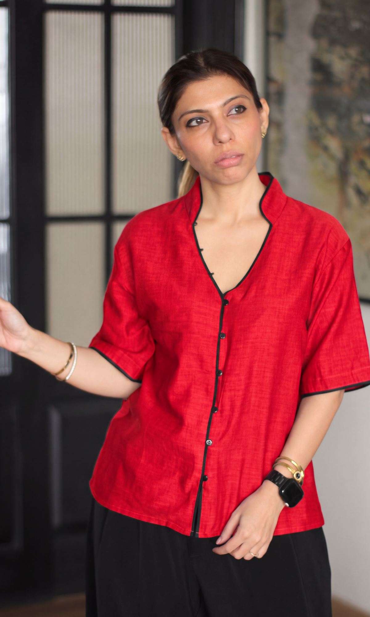 Tomato Red Contrast Piped Shirt