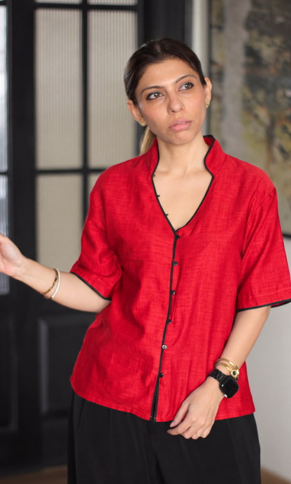 Tomato Red Contrast Piped Shirt