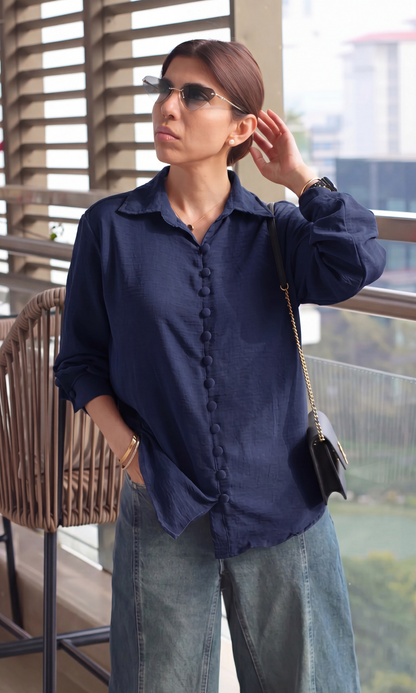 Navy Crinkle Fabric-Button Shirt