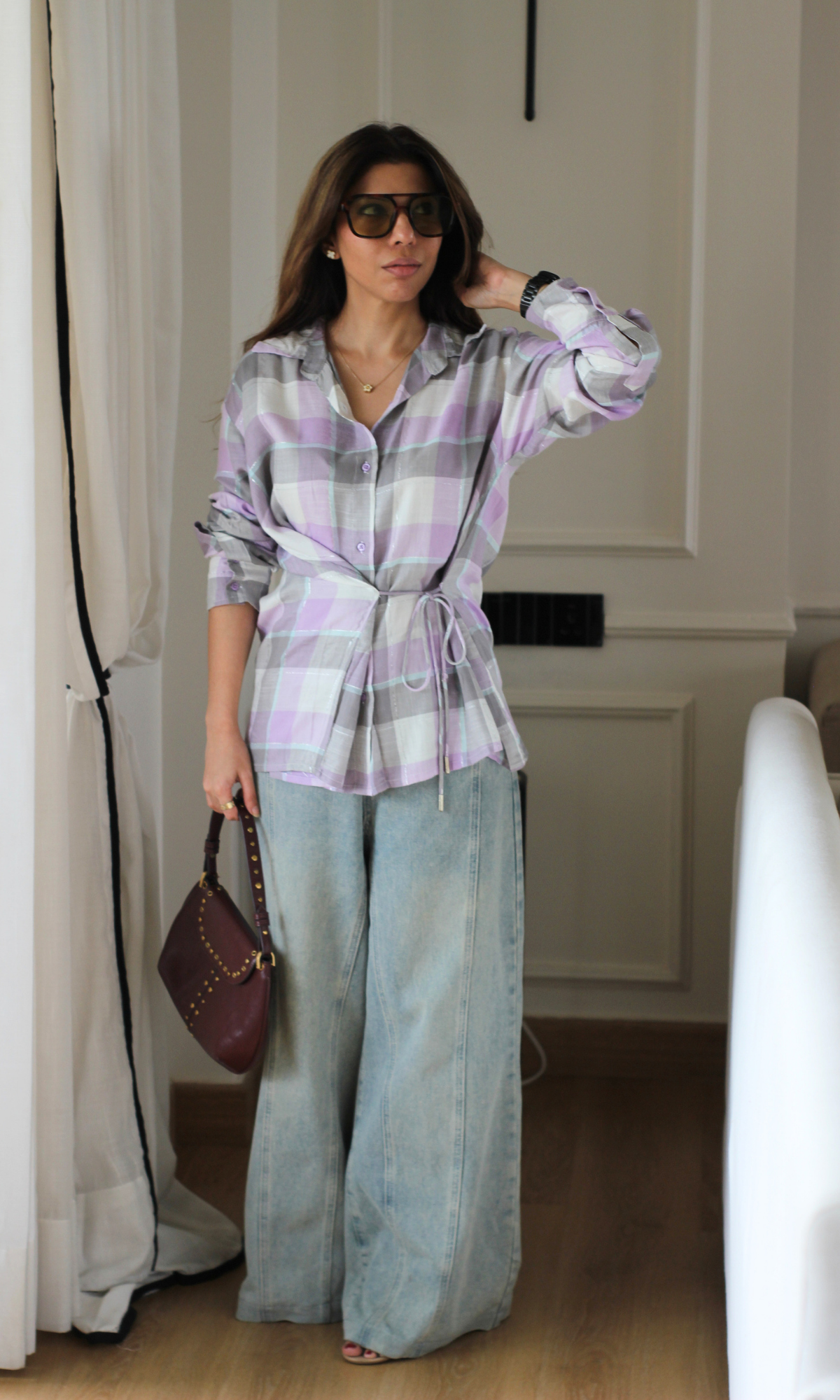 Lavender Plaid Drawstring-Waist Shirt Top