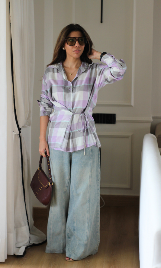Lavender Plaid Drawstring-Waist Shirt Top