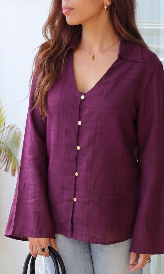 Wine Textured Flared Sleeve Shirt