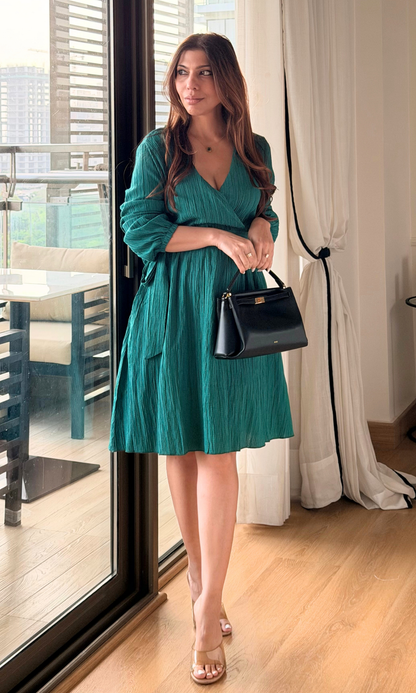Teal Crinkled Poet-Sleeve Dress