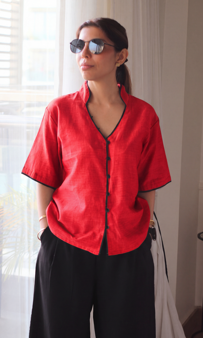Tomato Red Contrast Piped Shirt