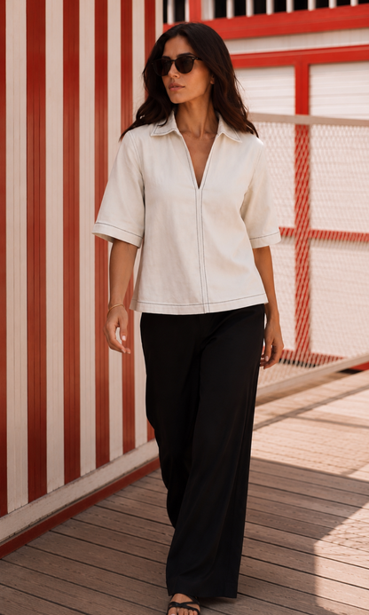 White Contrast Stitch Boxy V-Neck Top