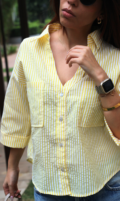 Lemon Striped Cotton Cropped Shirt