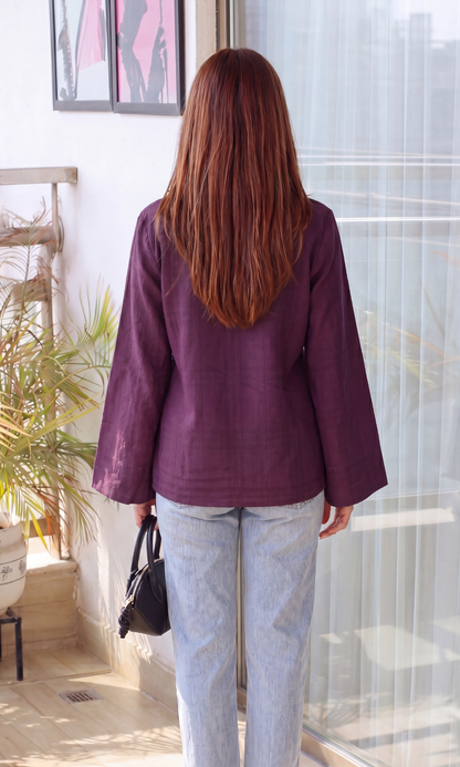 Wine Textured Flared Sleeve Shirt