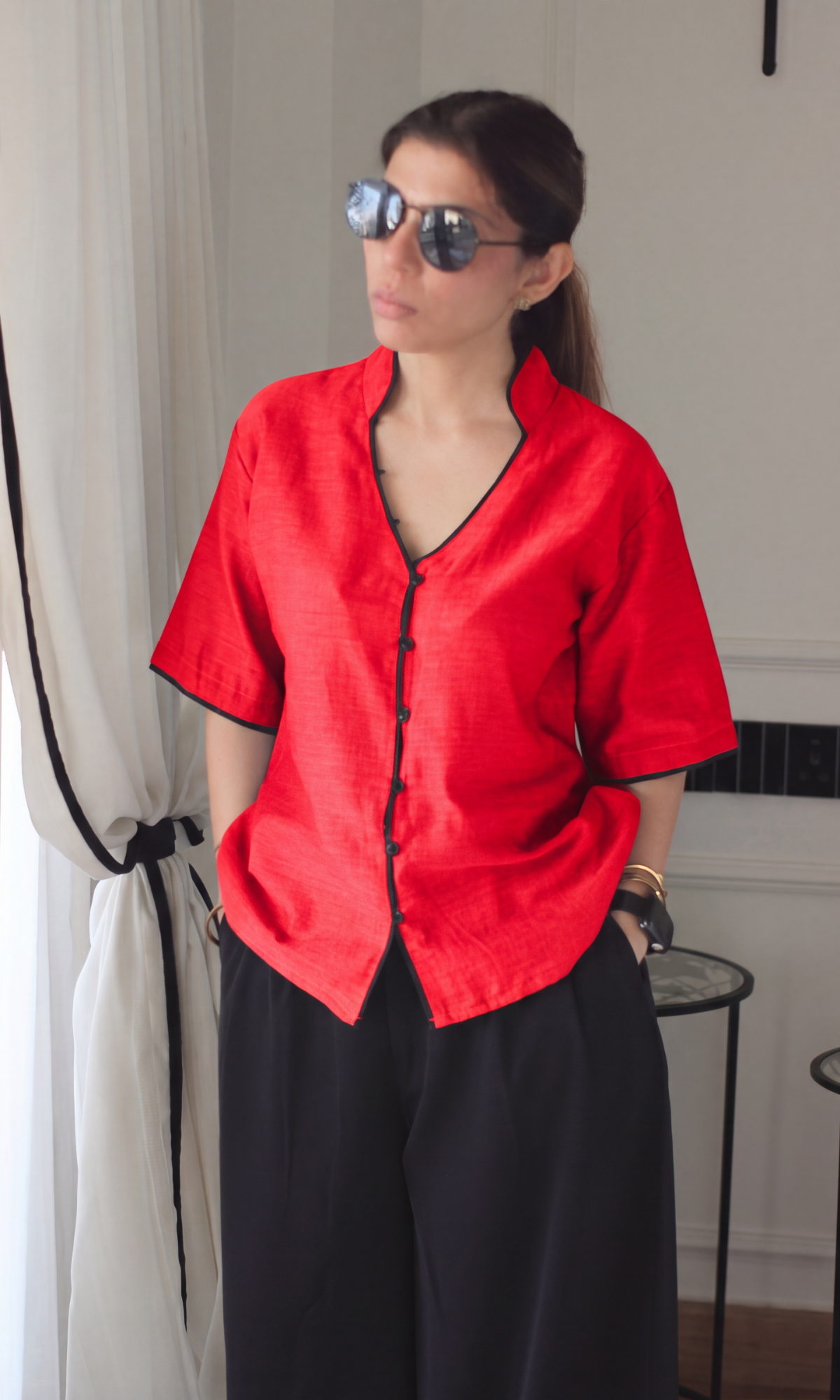 Tomato Red Contrast Piped Shirt