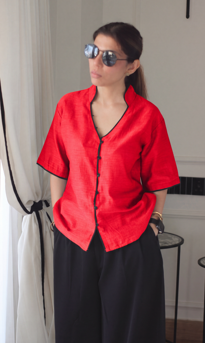 Tomato Red Contrast Piped Shirt