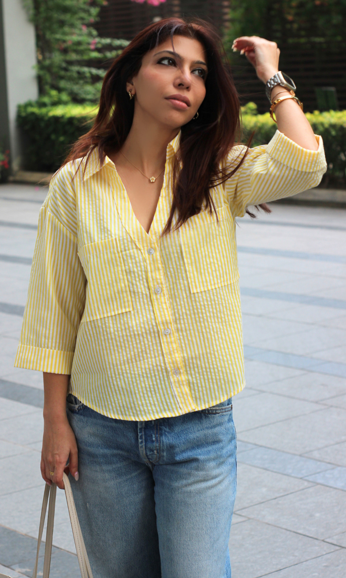 Lemon Striped Cotton Cropped Shirt
