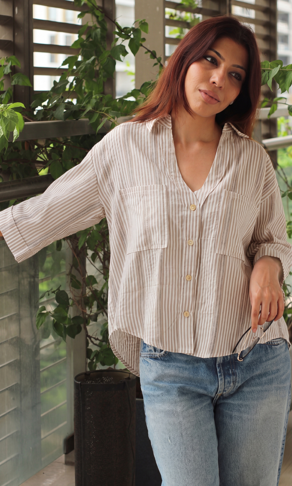 Camel Stripe Cropped Shirt