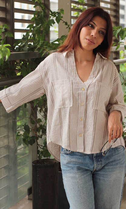 Camel Stripe Cropped Shirt