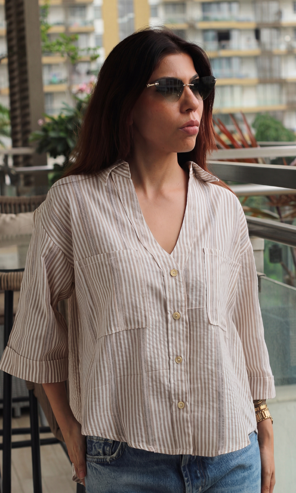 Camel Stripe Cropped Shirt